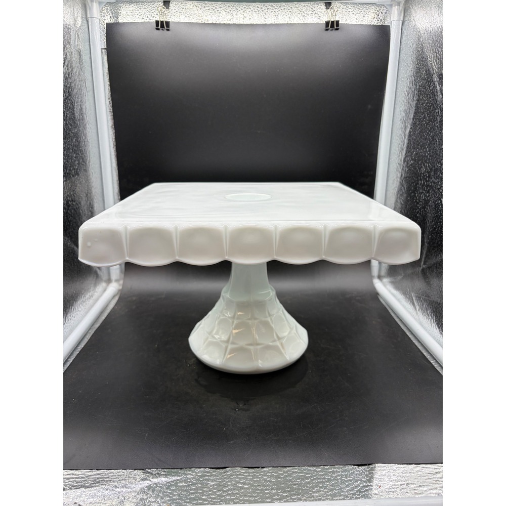 Vintage Milk Glass Square Cake Stand Scalloped Edge Pedestal Dessert Display 10"